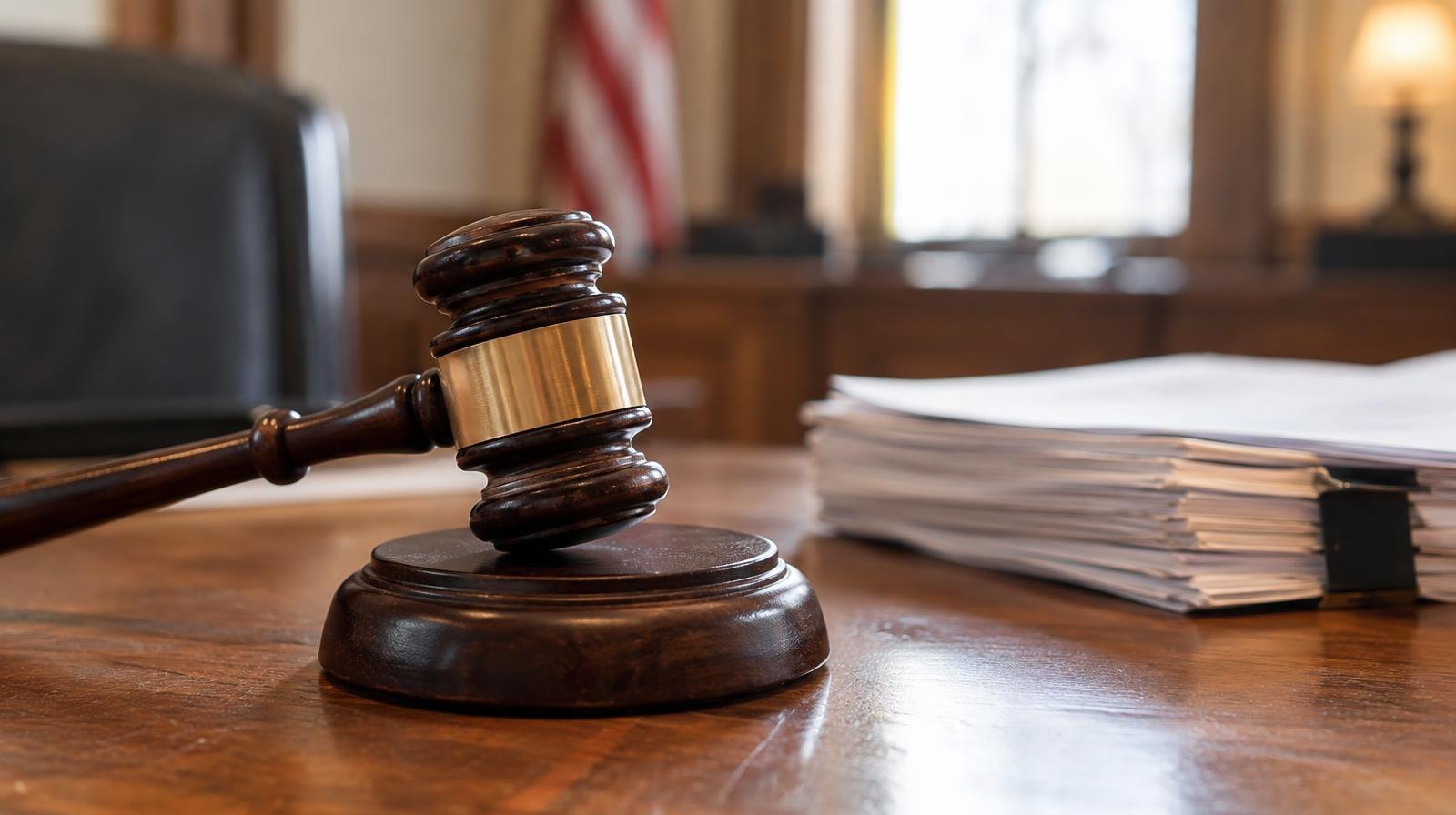 Wooden gavel on its sound block next to a stack of papers on a desk.