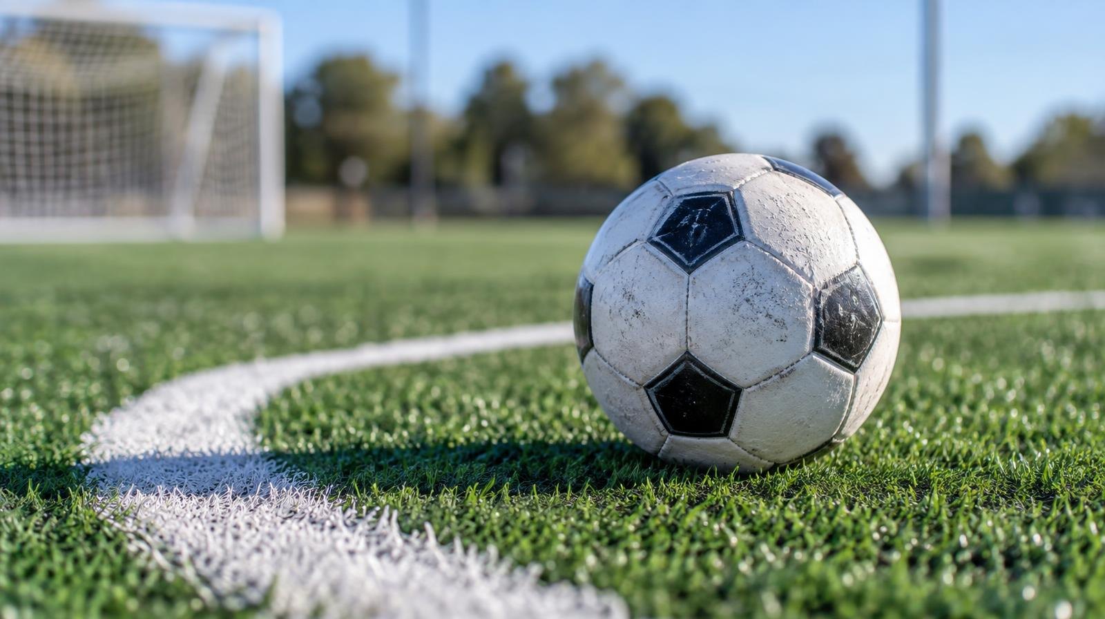 A white soccer ball on bright green artificial turf beside a painted white line.
