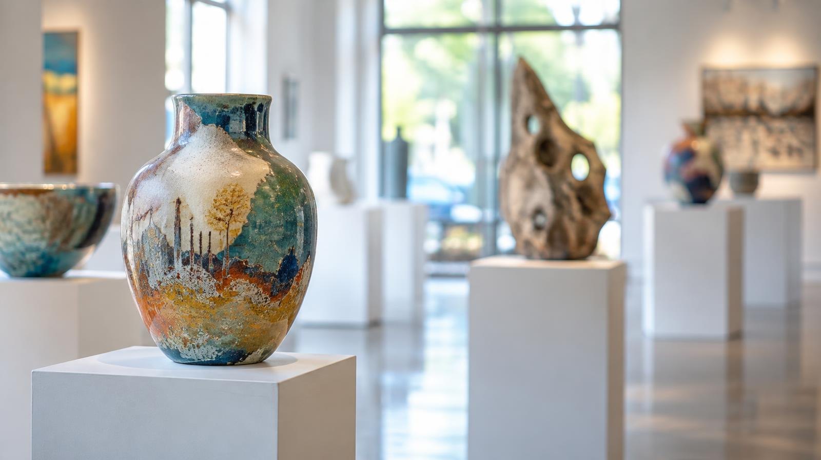 Colorful ceramic sculptures displayed on white pedestals in a bright gallery room.