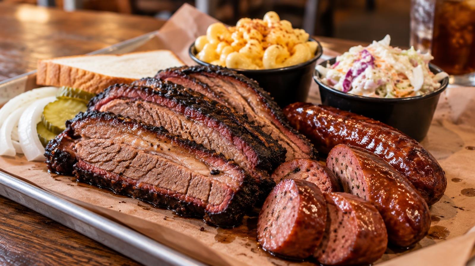 Sliced smoked brisket and sausage links on butcher paper with small cups of sides.
