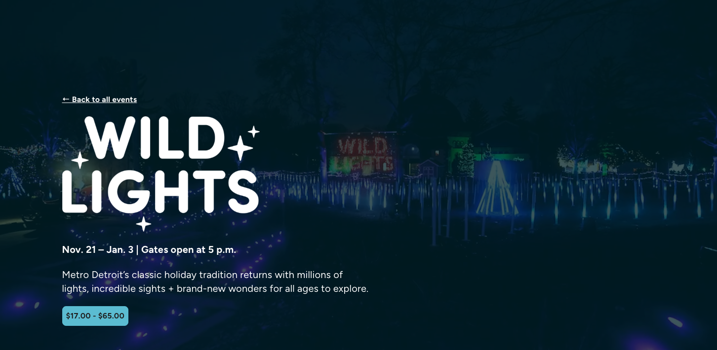 Detroit Zoo Wild Lights promotional graphic showing colorful nighttime light displays, event dates and ticket prices.