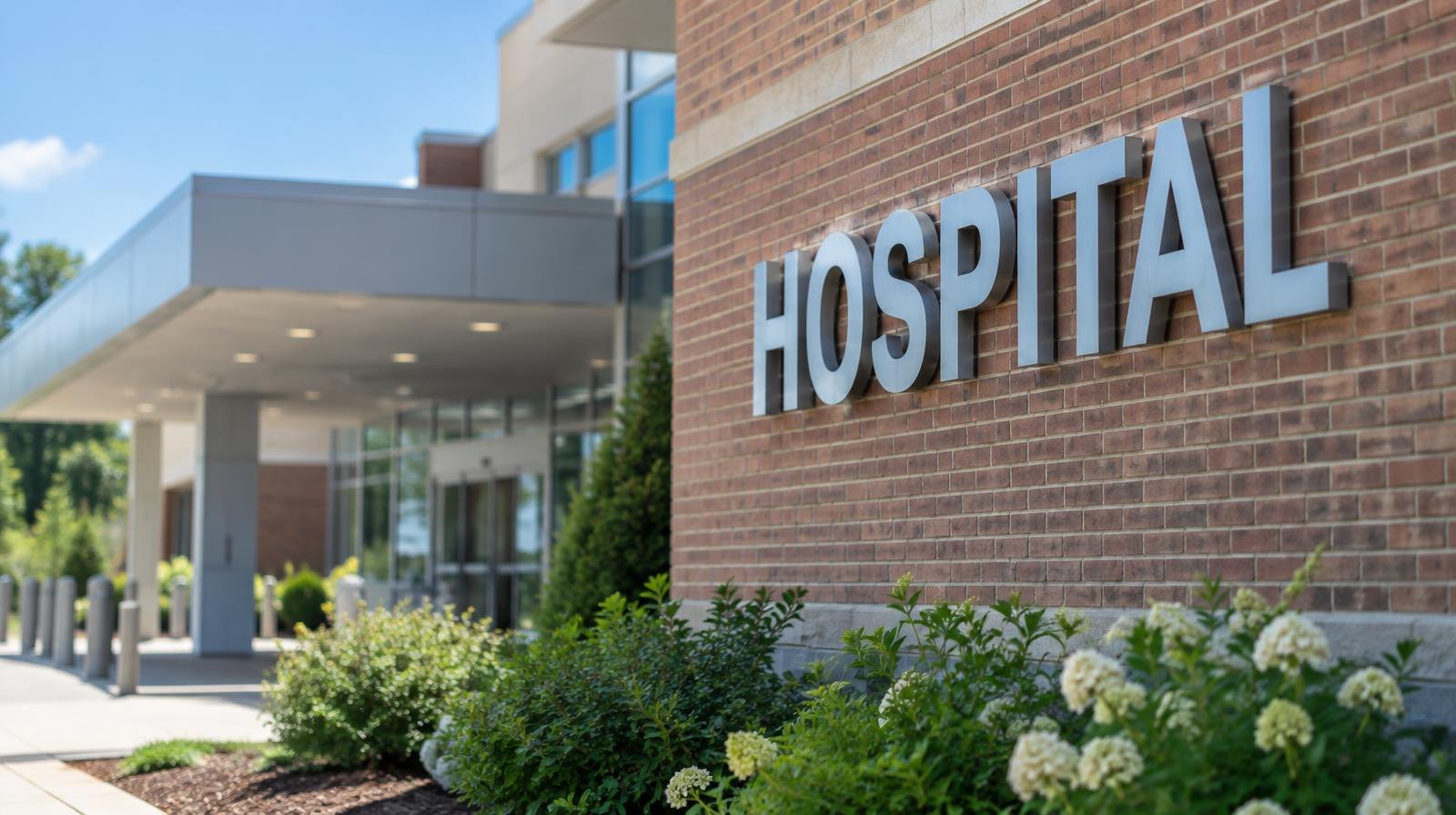 Modern hospital entrance with a new exterior sign and manicured landscaping.