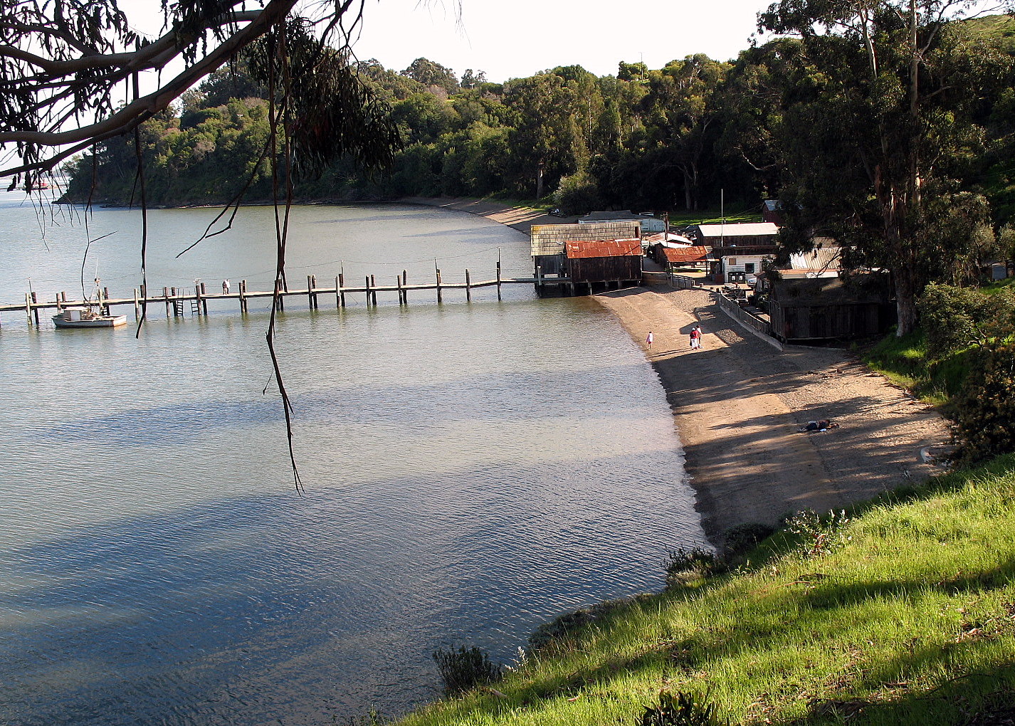 Wooden pier extending into a calm bay with historic red-roofed buildings and trees along the shoreline.