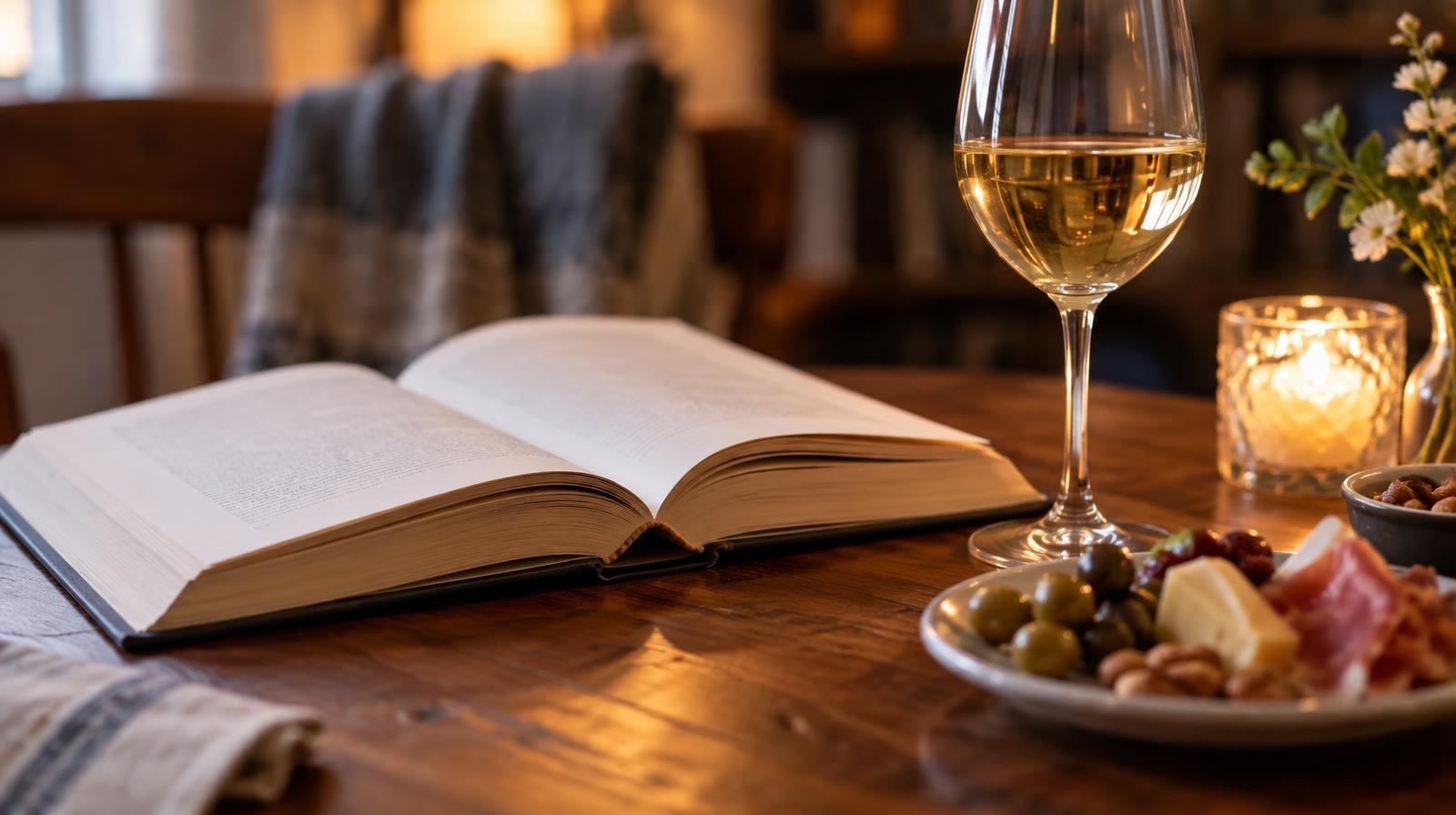 An open hardcover book on a wooden table beside a glass of white wine and small appetizers.
