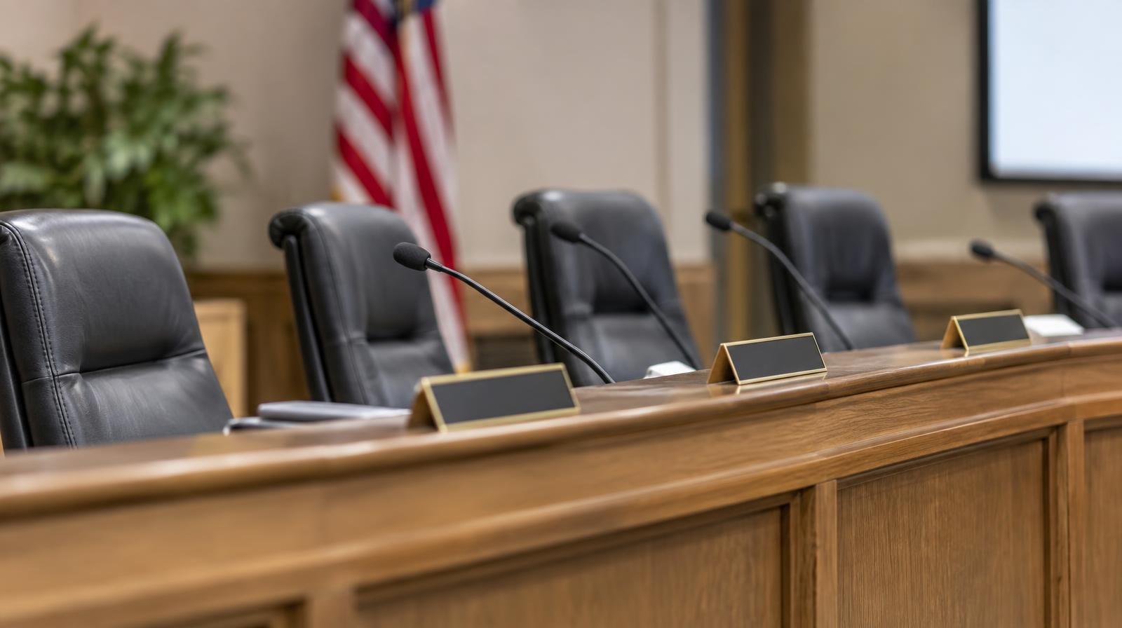 Empty chairs and microphones at a city council chamber dais.