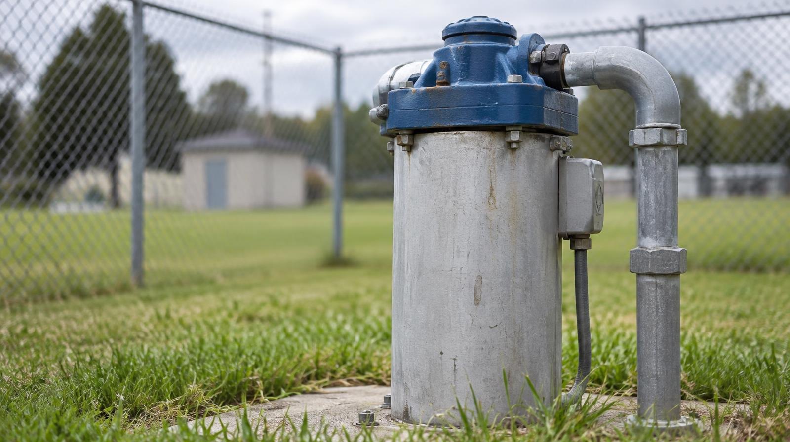Metal well casing rising from grassy ground near a chain-link fence.
