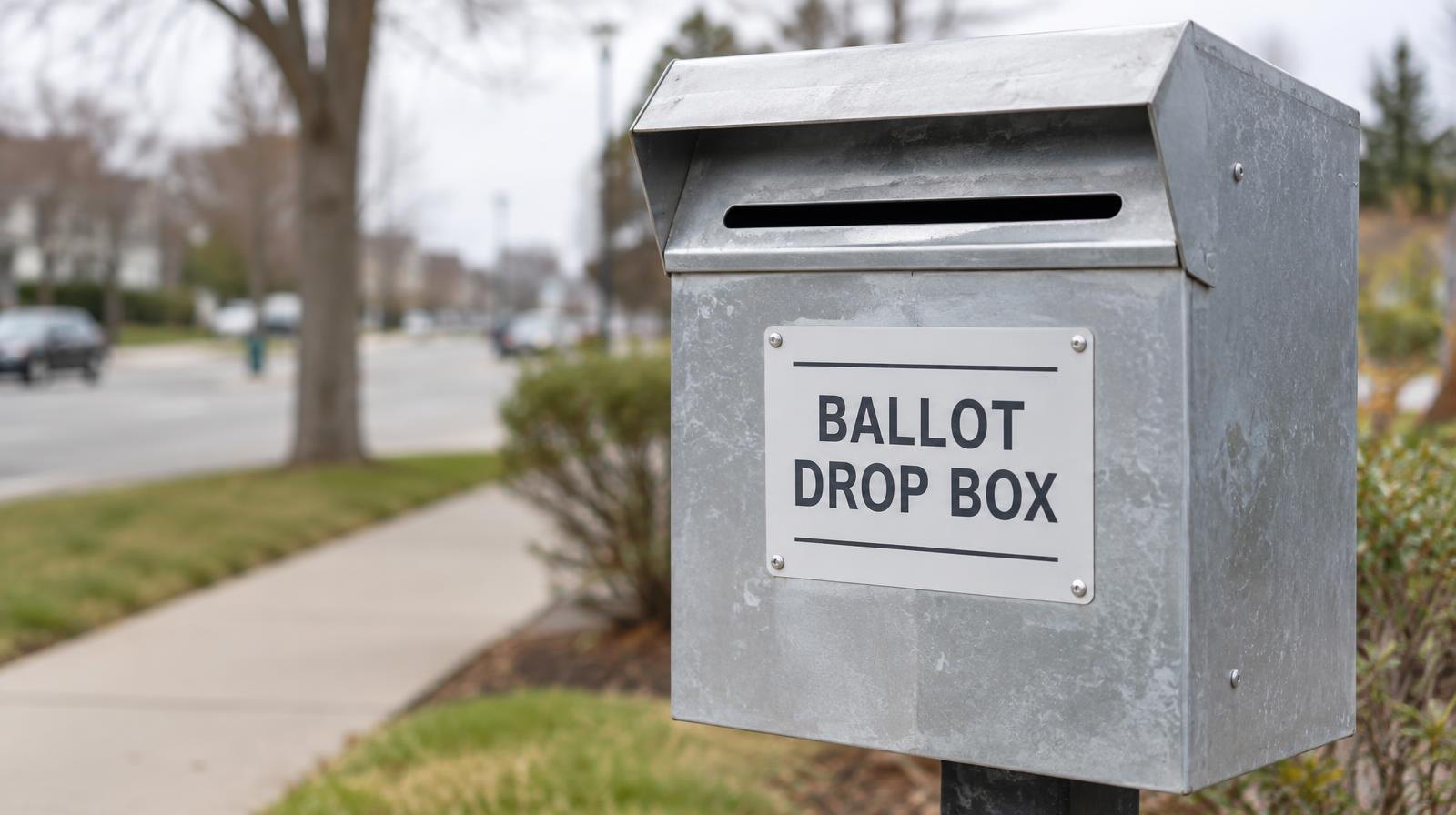A metal ballot drop box on a post with an envelope slot, outdoors.