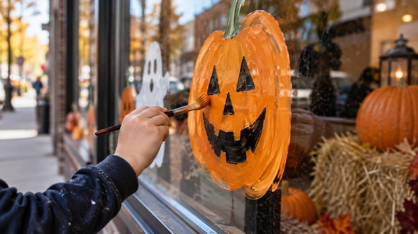 A child's hand painting an orange jack-o'-lantern on a storefront window.