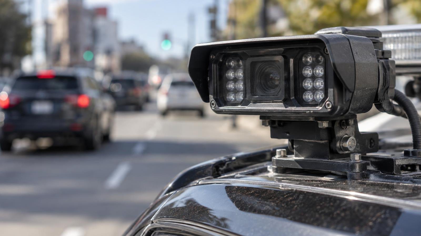 Close-up of an automated license plate reader camera mounted on a police vehicle.