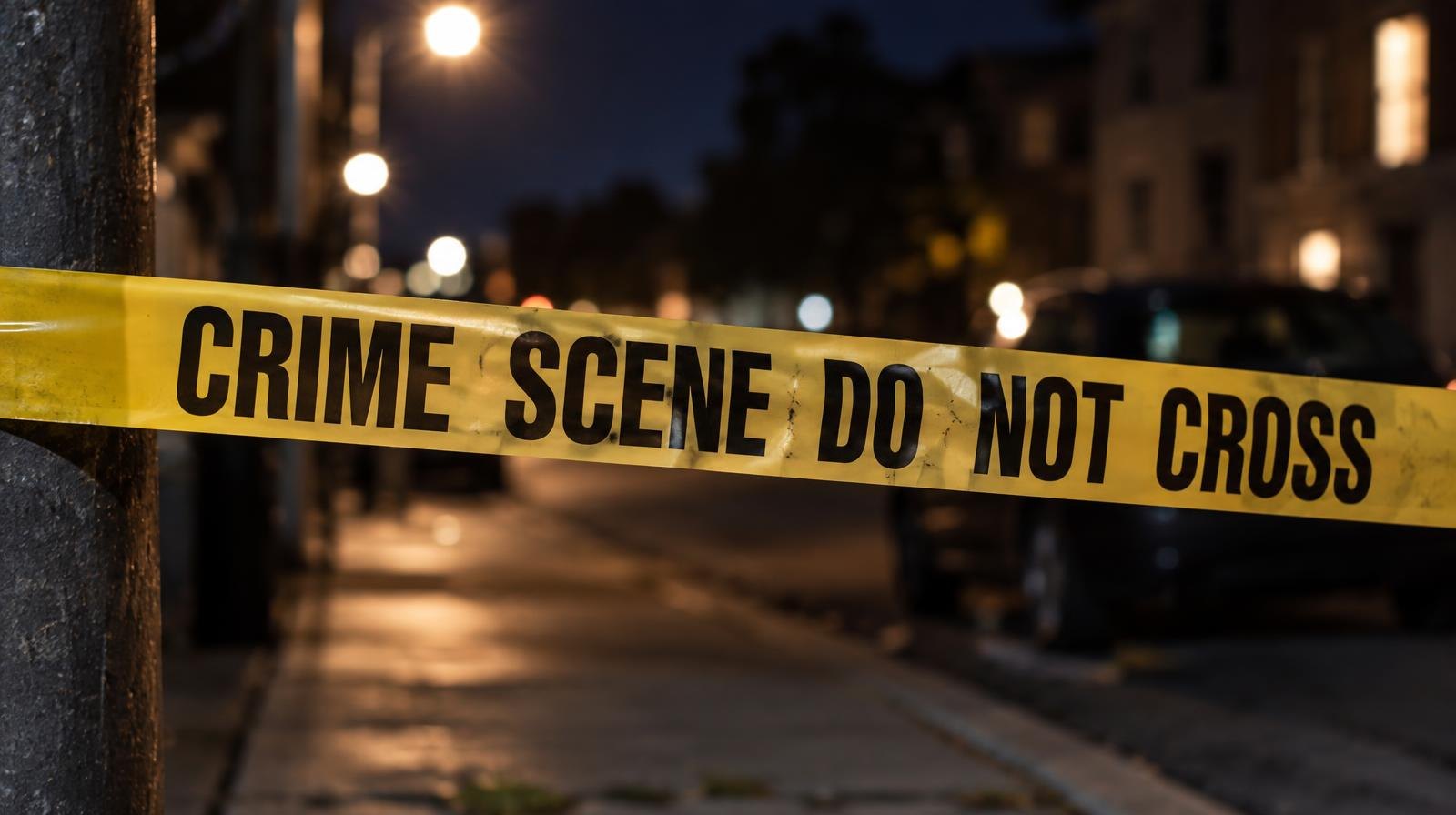 Yellow crime scene tape across a dark street illuminated by a streetlight.