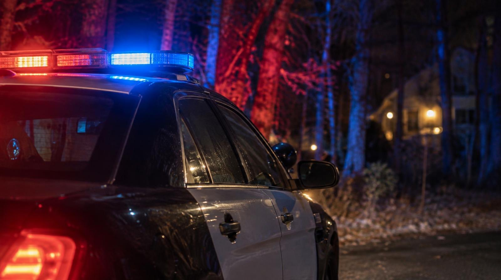 Police patrol car with red and blue emergency lights at the edge of dark woods at night.