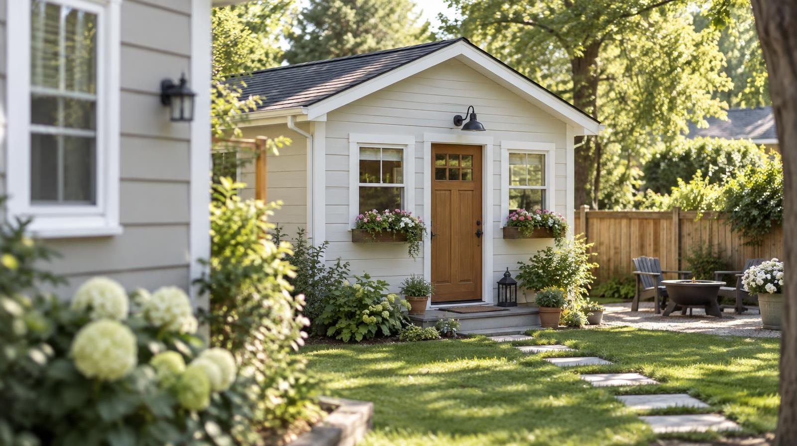 Small detached cottage with wooden door and window boxes in a sunny backyard.