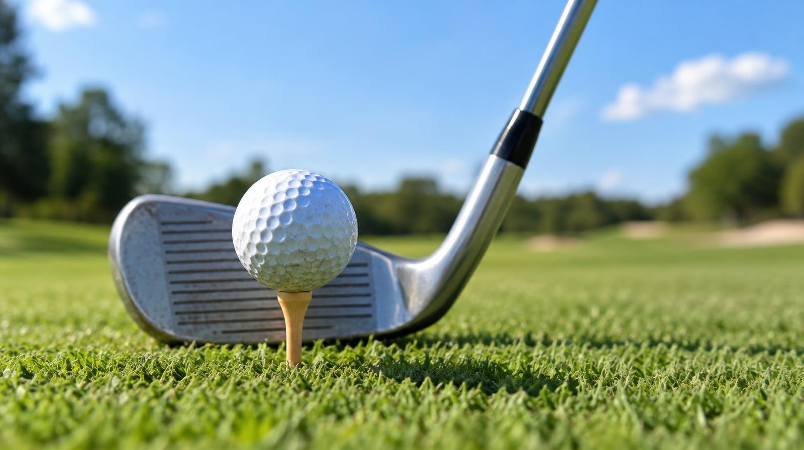 A golf ball on a tee with a club iron behind it on a green fairway.