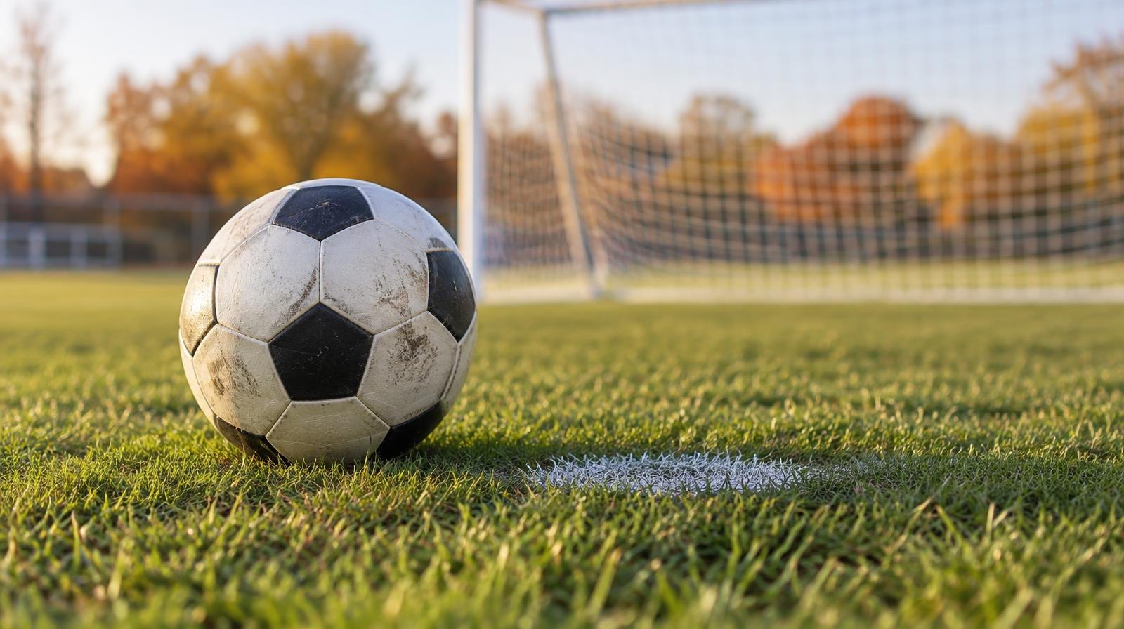 A soccer ball on a grass field near a white penalty spot with a goal net behind it.