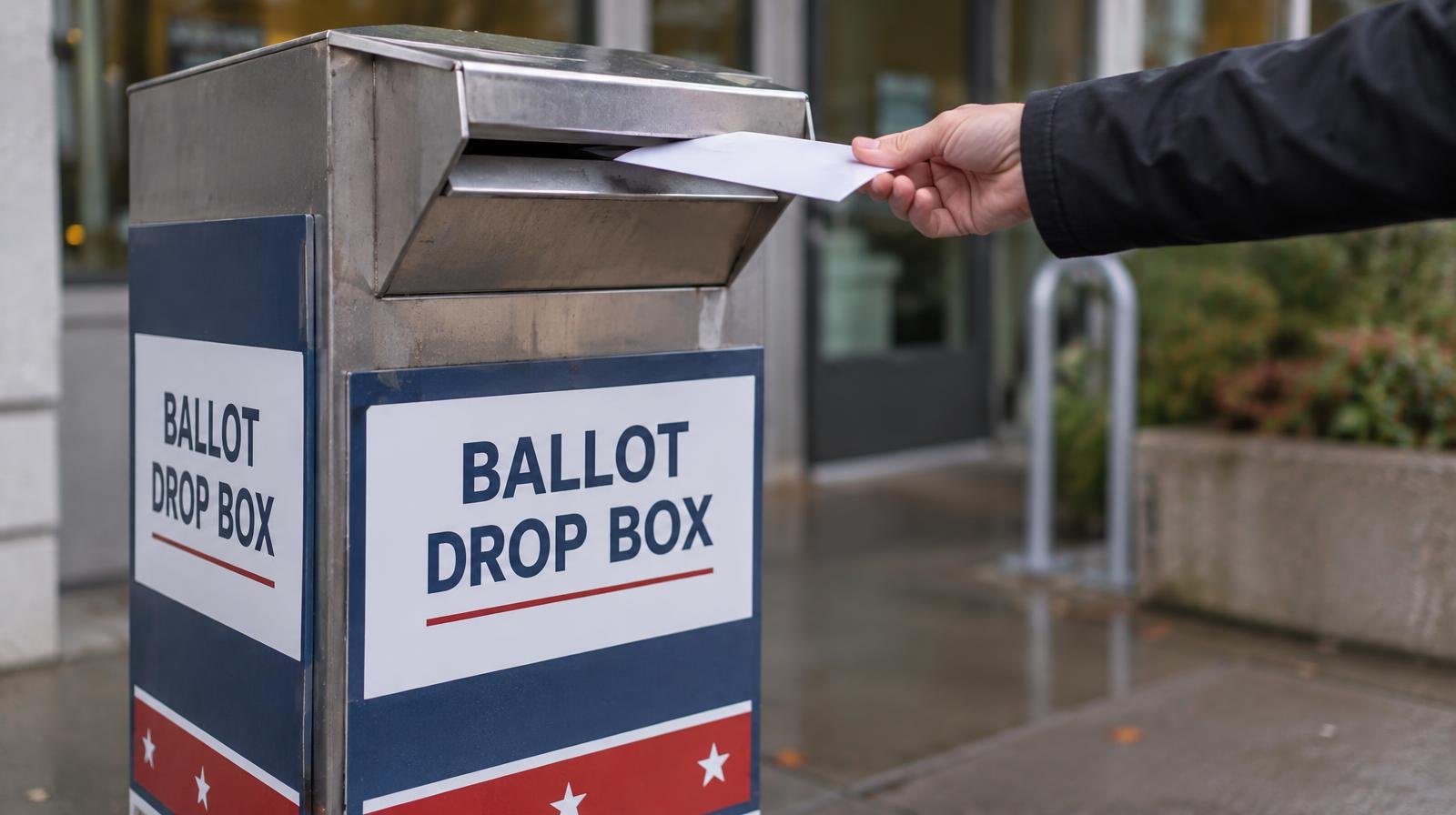 A metal ballot drop box on a stand outside a building entrance.