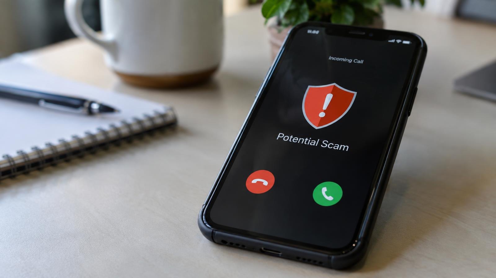 Smartphone on a desk showing a shield icon and alert notification.