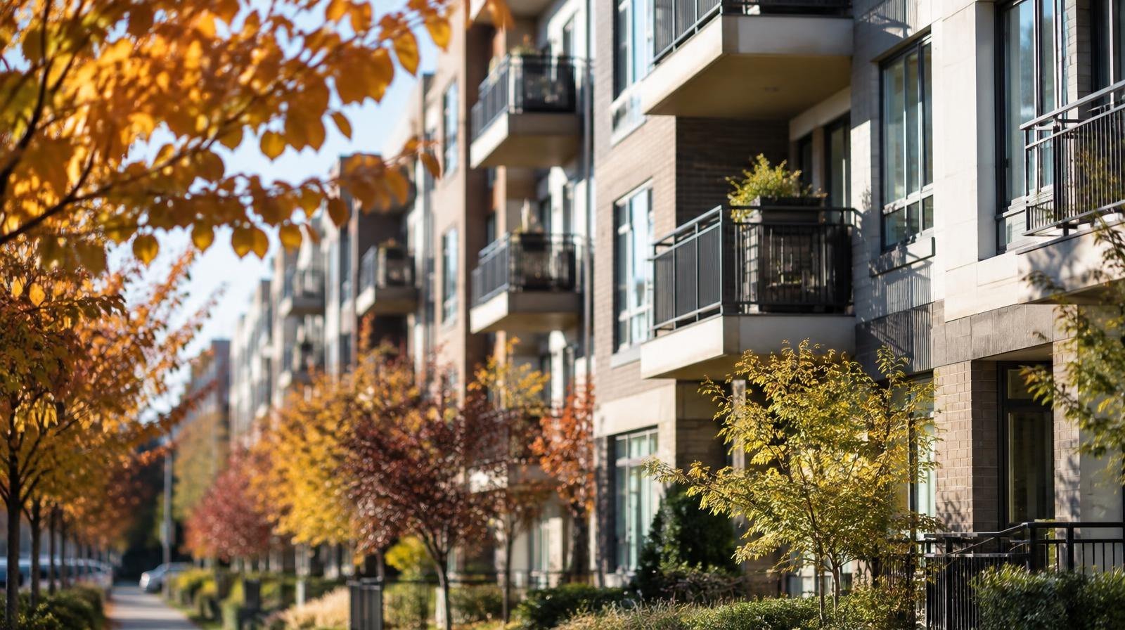 Row of modern mid-rise apartment buildings with balconies along a tree-lined street.