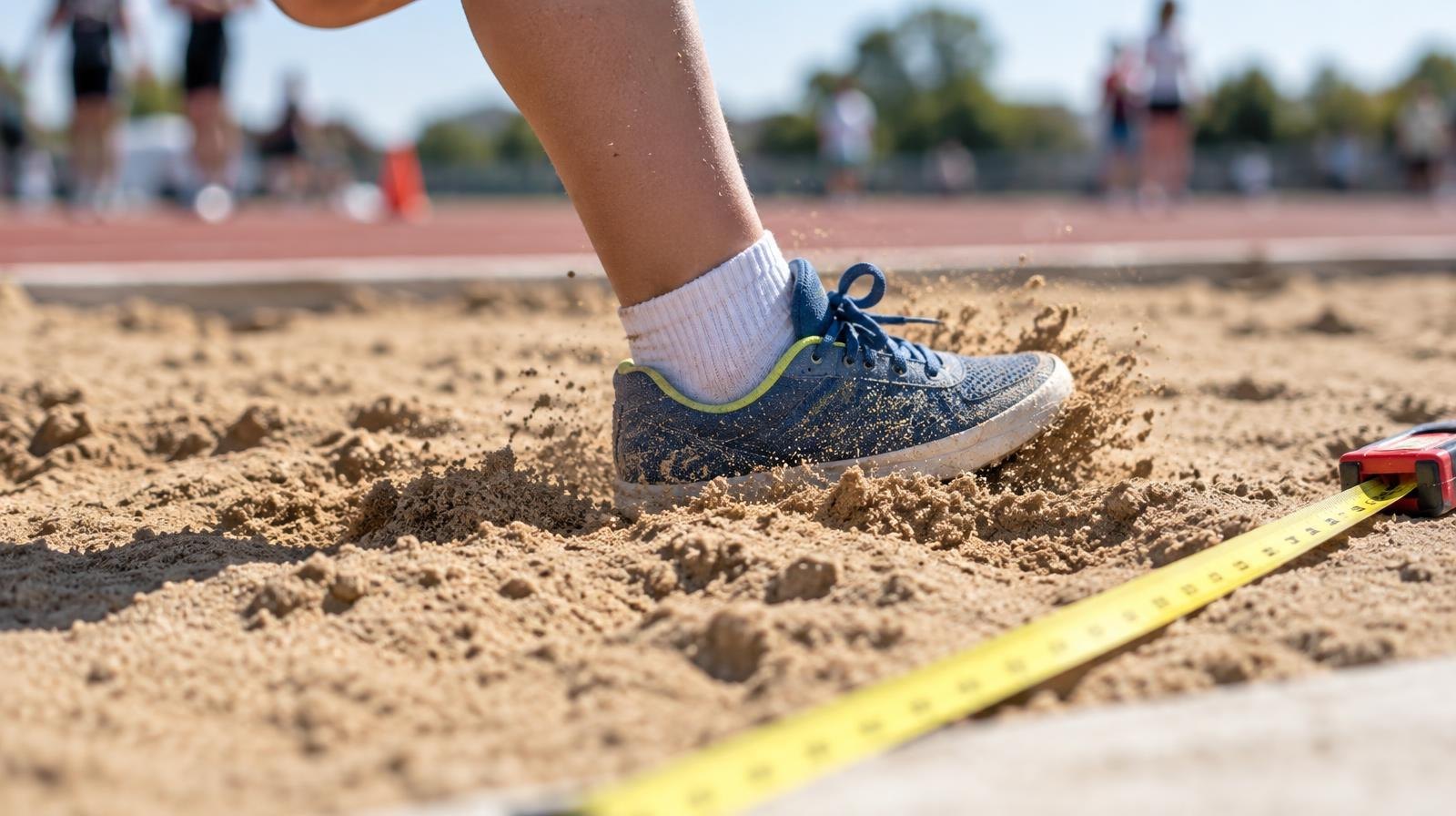 A sneaker landing in a sand-filled long jump pit with a measuring tape nearby.