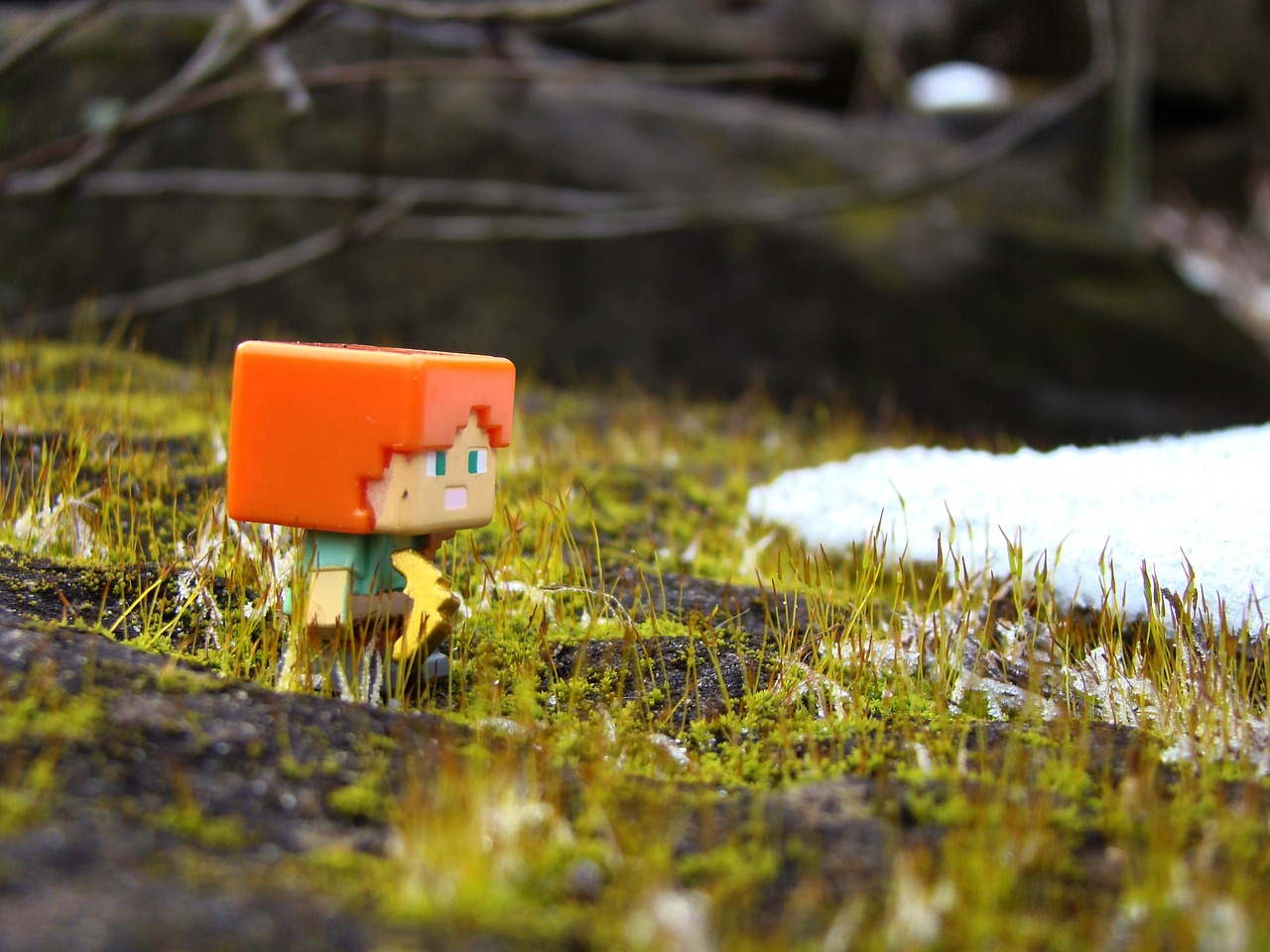 Minecraft, alex, toy, real world, pickaxe, nature, moss, snow, rock