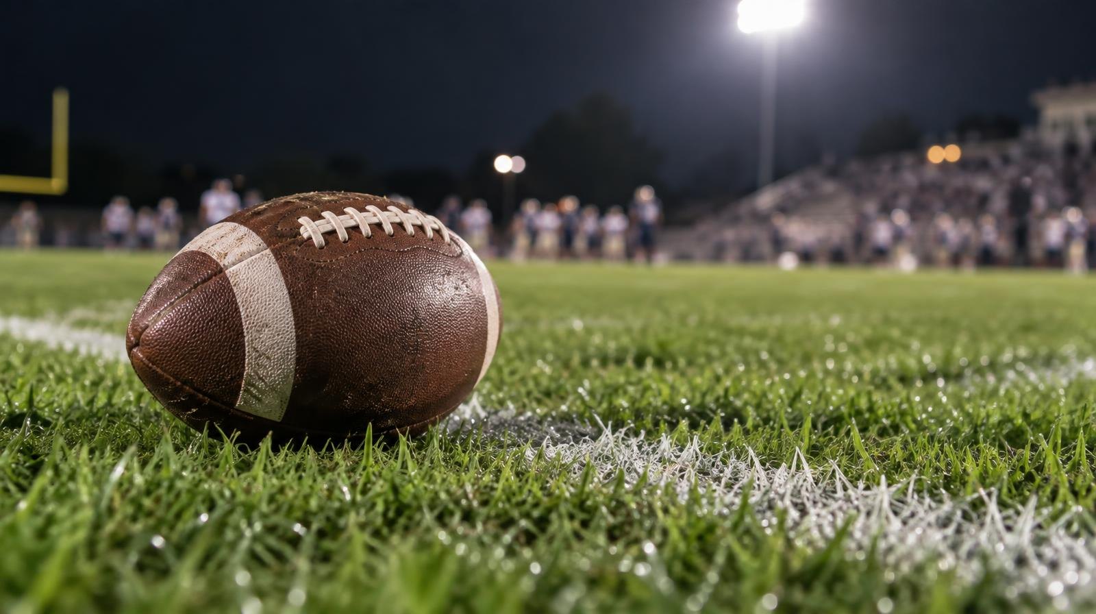 An American football resting on green grass near a white yard line under stadium lights.