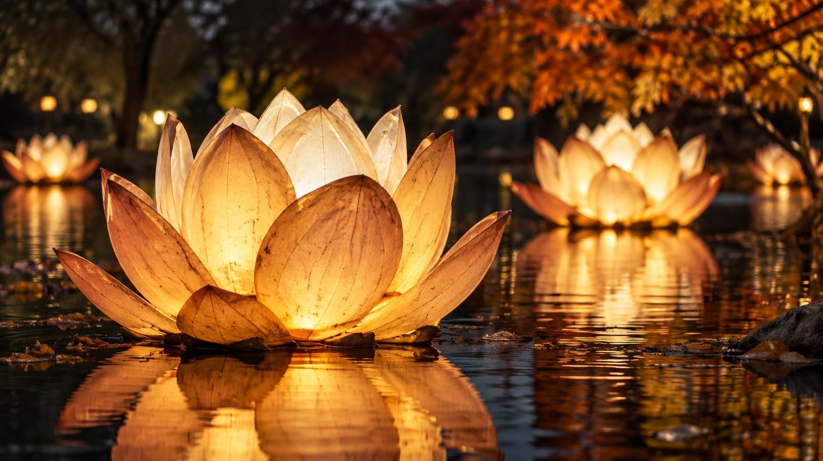 Glowing lotus sculptures floating on dark water at night with light reflections.