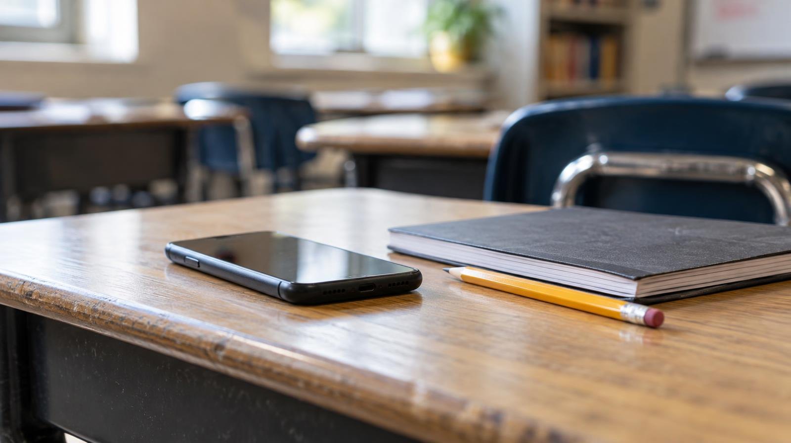 Smartphone face-down on a wooden school desk next to a notebook and pencil.