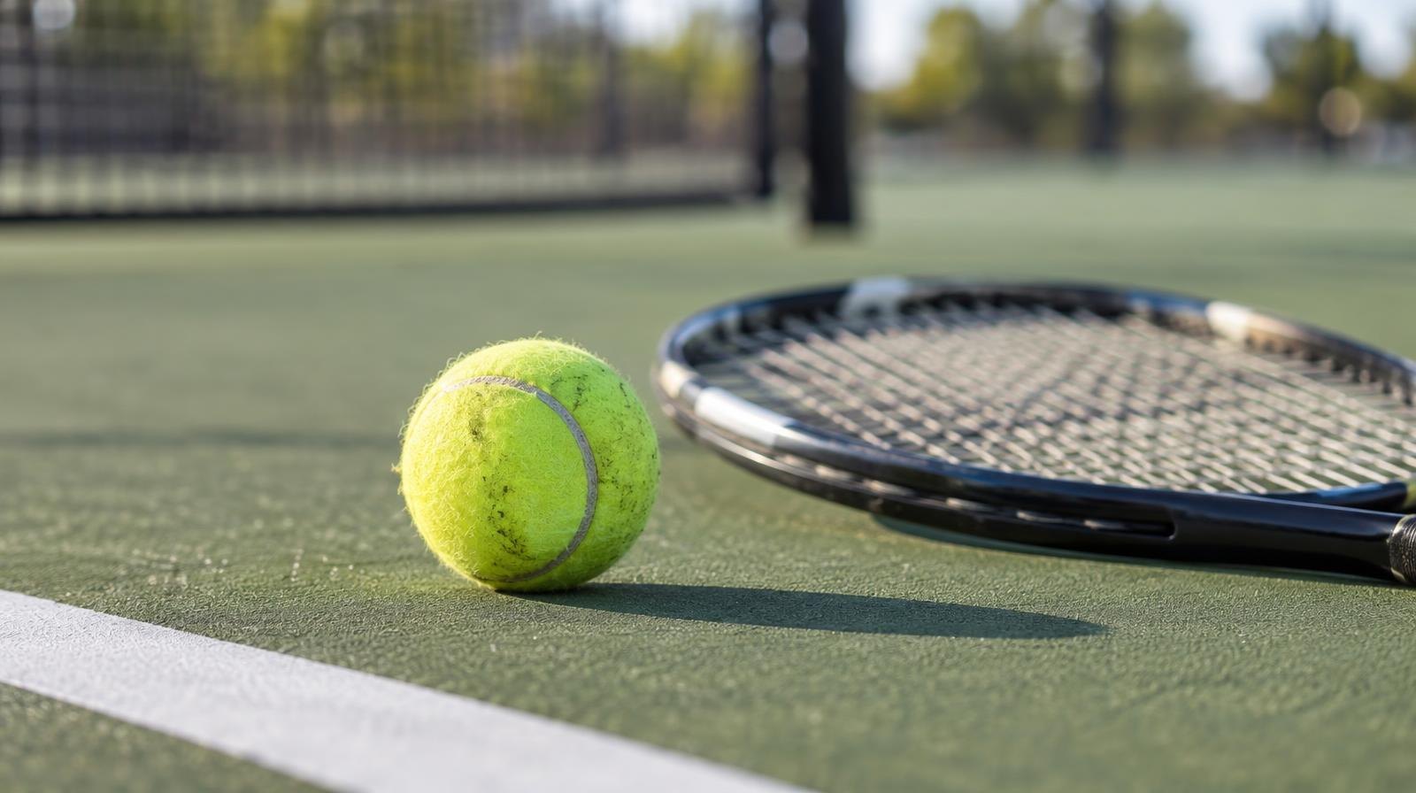 Yellow tennis ball and racket resting on a green hard court beside a white baseline.