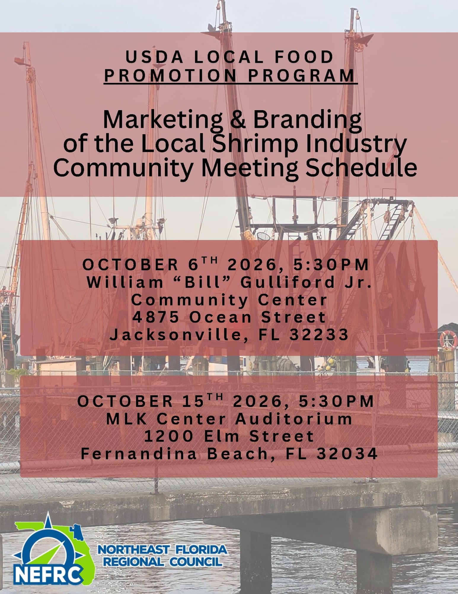 Event flyer for USDA Local Food Promotion Program shrimp industry marketing meetings with shrimp boats in the background.