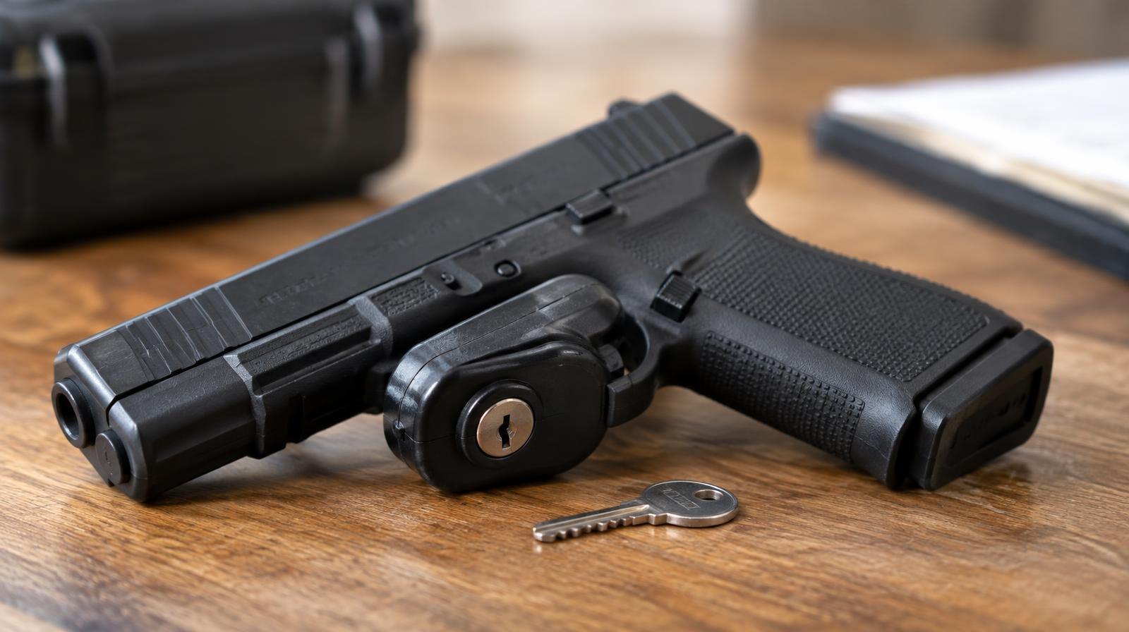 A trigger lock attached to a handgun resting on a wooden surface beside a small key.
