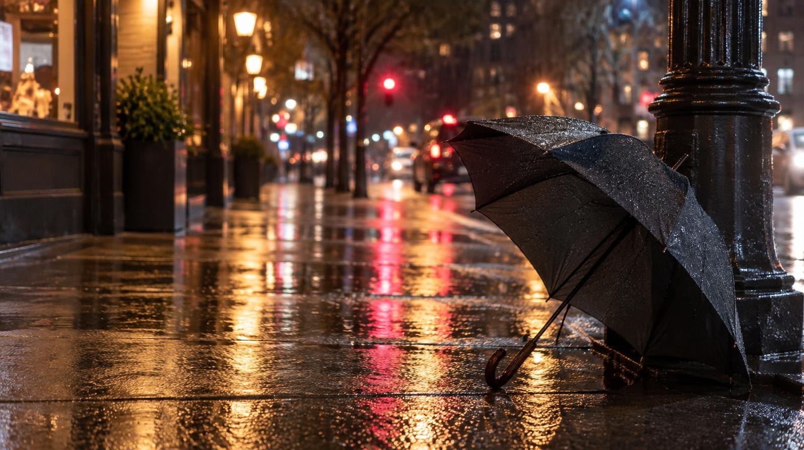 Wet city sidewalk at night with colorful light reflections on rain-soaked pavement.