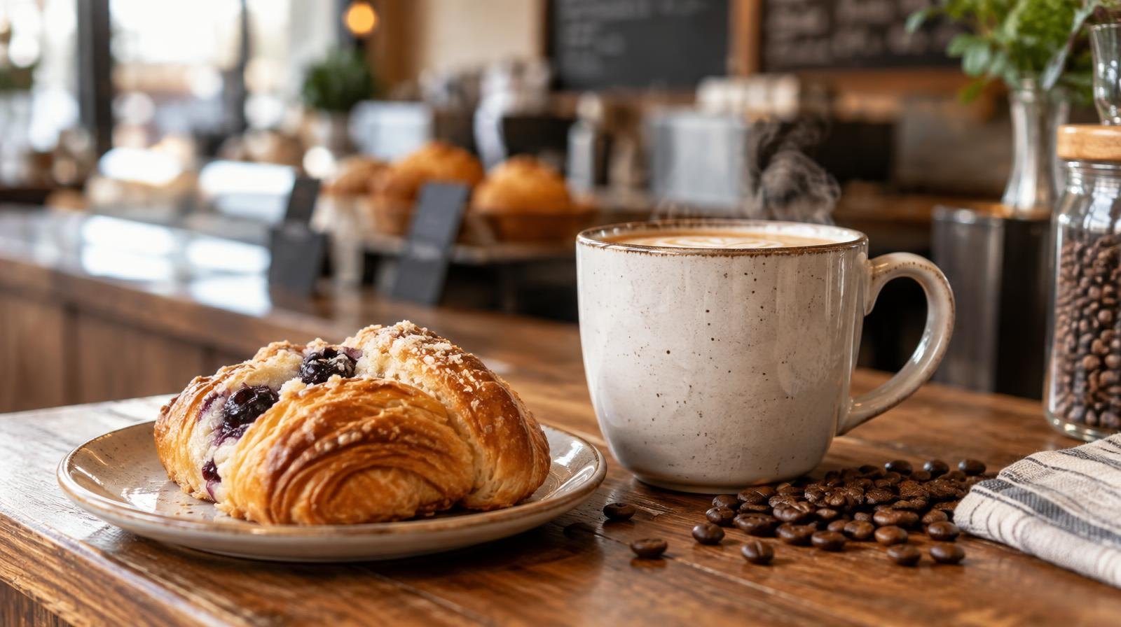 A pastry and ceramic coffee cup on a wooden counter with scattered coffee beans.