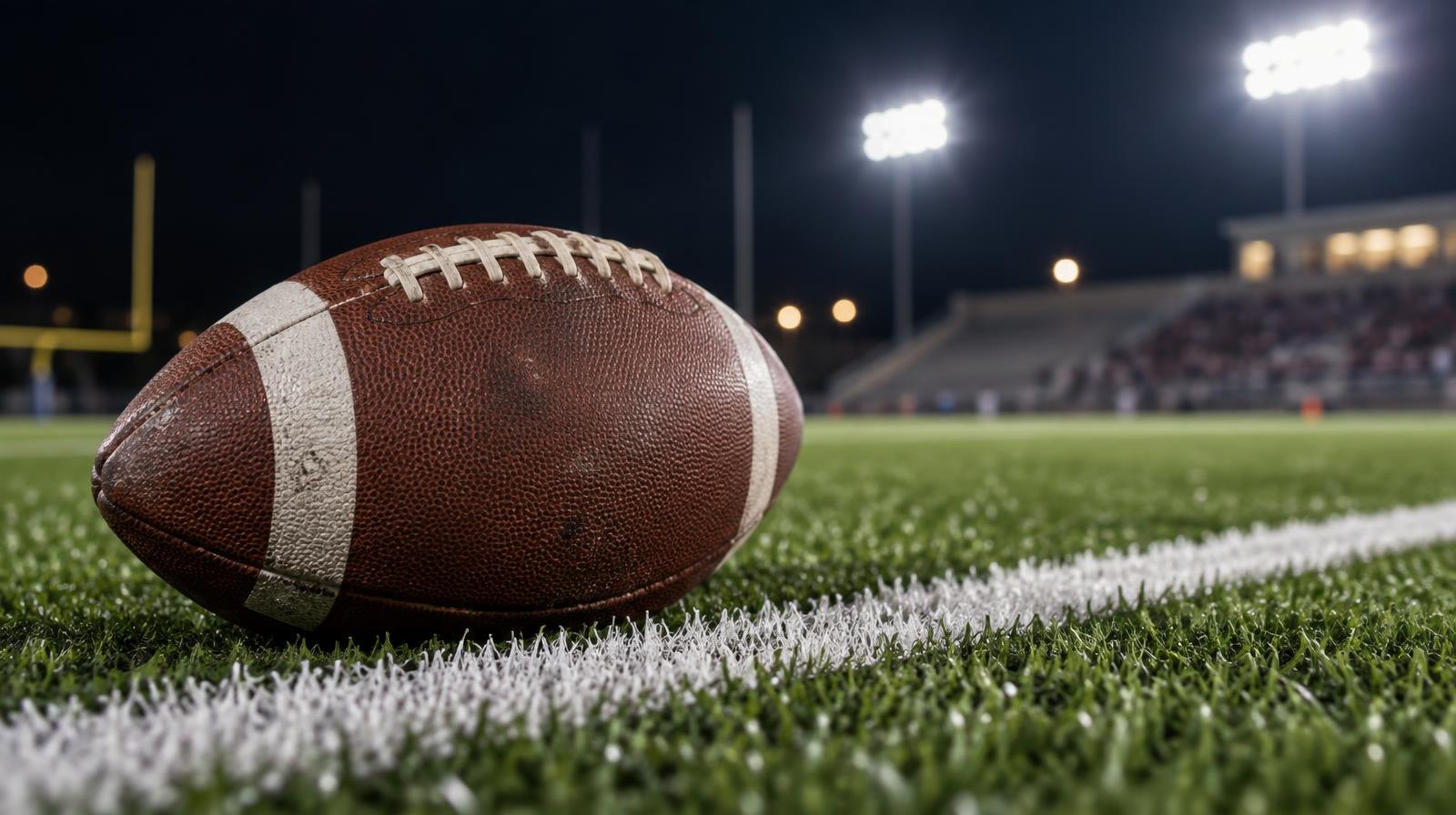 An American football on green artificial turf beside a white yard line under bright stadium lights.