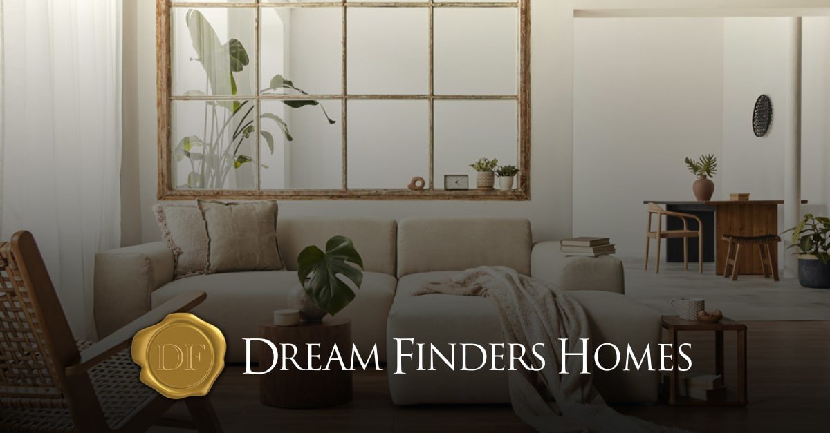 Company logo over a softly lit modern living room interior.