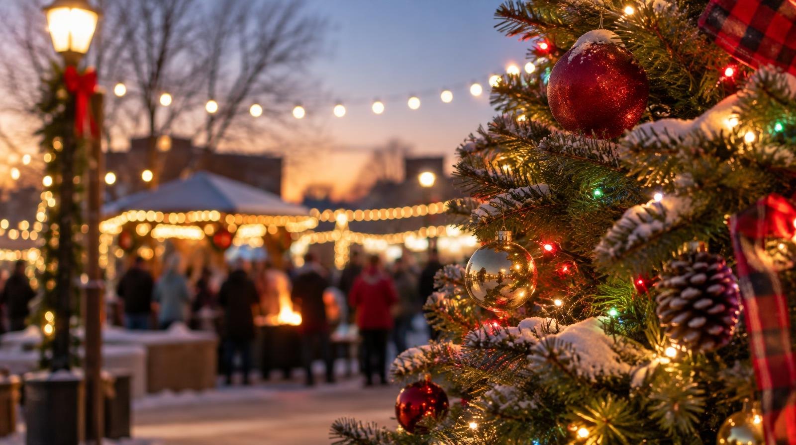Decorated outdoor Christmas tree glowing with colorful lights at dusk with string lights overhead.
