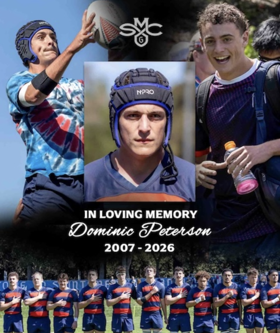 A memorial collage of Dominic Peterson playing rugby and smiling with teammates, with the text 'In Loving Memory, Dominic Peterson, 2007–2026' and the Saint Mary's Gaels rugby team standing with hands over their hearts.