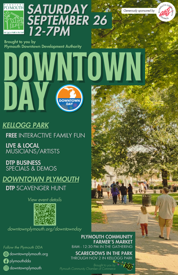 Promotional flyer for Downtown Day in Plymouth, Michigan, Saturday, Sept. 26, from 12 to 7 p.m., listing activities at Kellogg Park and Downtown Plymouth, presented by the Plymouth Downtown Development Authority.