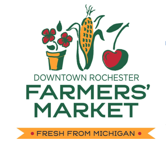 Downtown Rochester Farmers’ Market logo featuring flowers, corn and an apple above “Fresh from Michigan.”