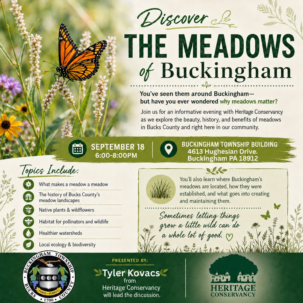 Event flyer featuring a monarch butterfly on wildflowers with text about a meadow ecology talk.