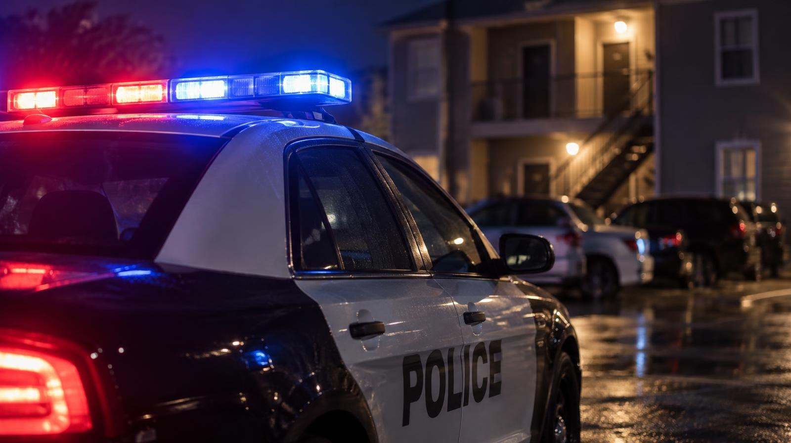 Police patrol car with red and blue emergency lights illuminated at night.