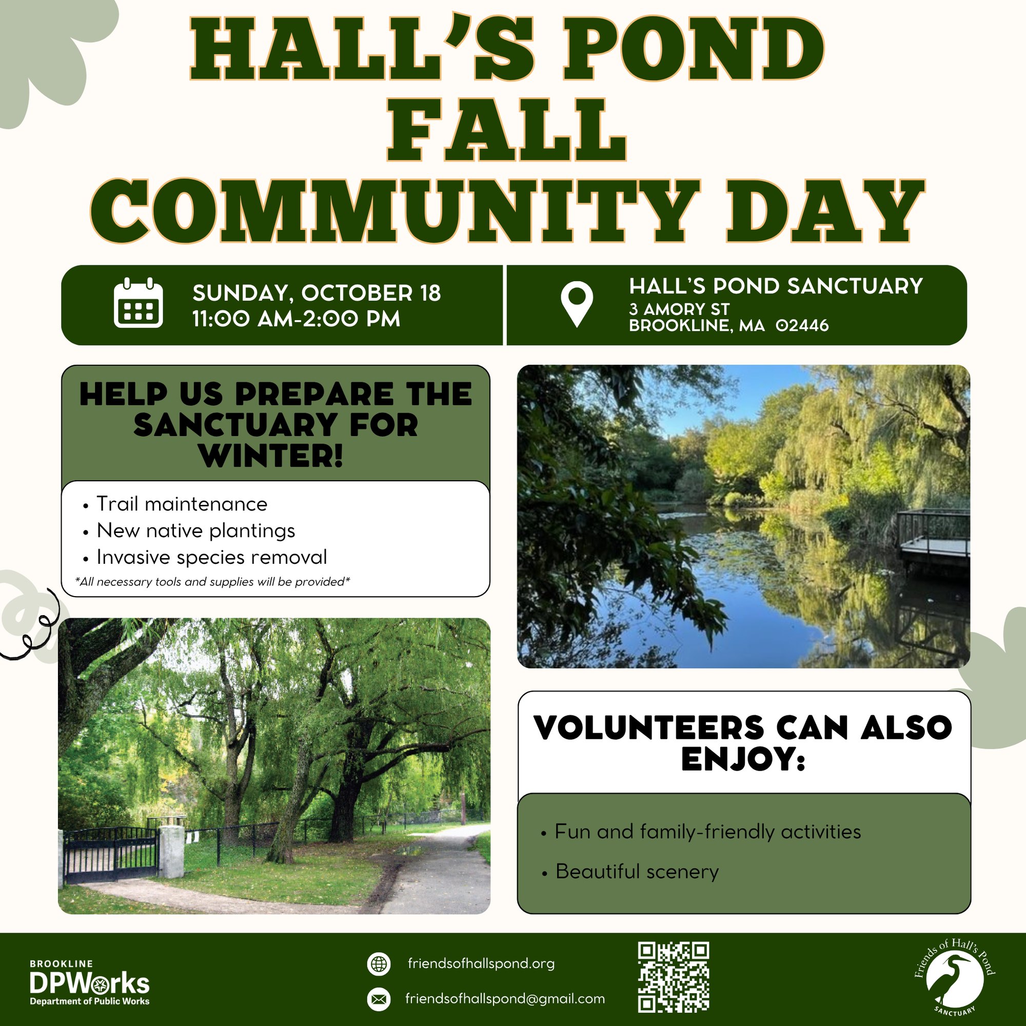 Event flyer for Hall's Pond Fall Community Day with photos of the sanctuary and activity details.