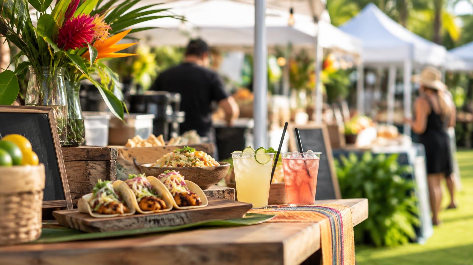 Colorful vendor booths with food samples displayed under white canopy tents outdoors.