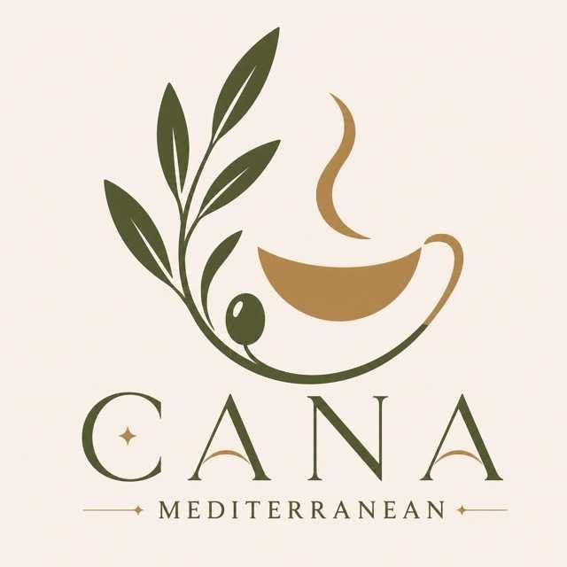Logo featuring an olive branch, a coffee cup, and the words Cana Mediterranean on a cream background.