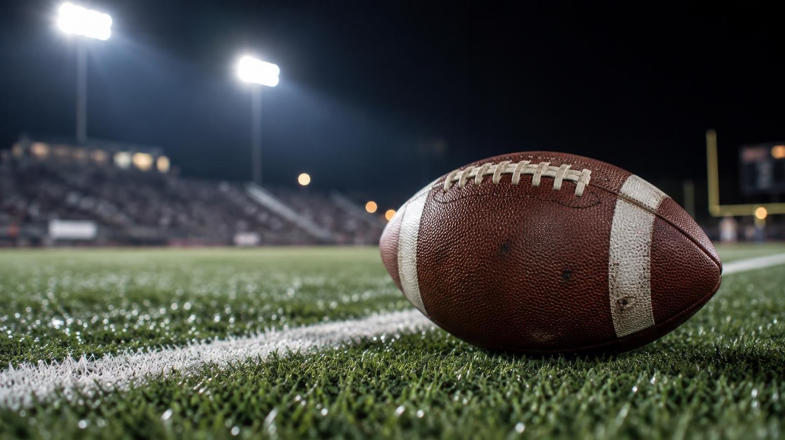 An American football on green artificial turf beside a white yard line under stadium lights.
