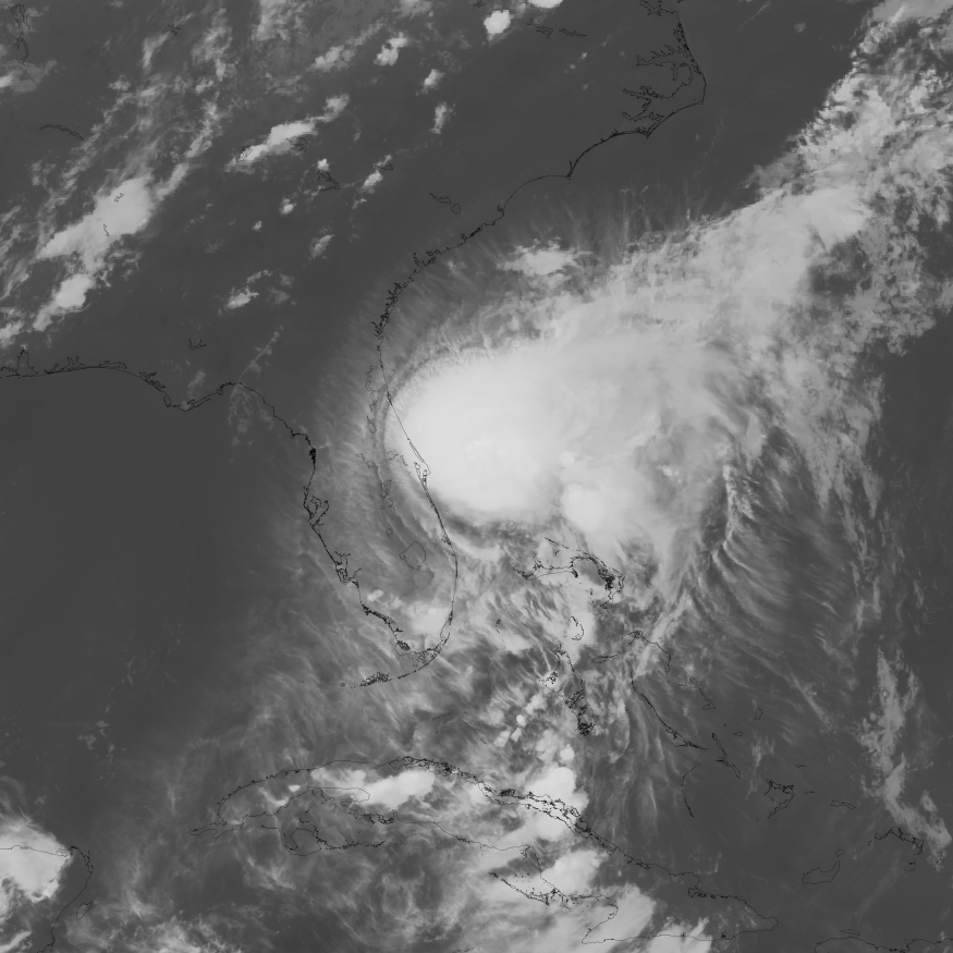 Satellite image of a tropical storm swirling over the Gulf of Mexico and southeastern US coast.