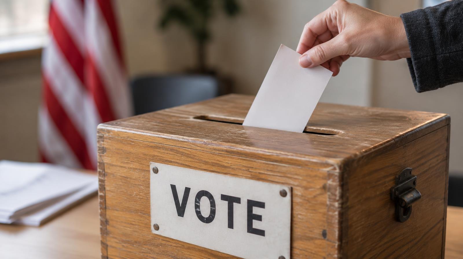 A wooden ballot drop box resting on a plain surface in soft natural light.
