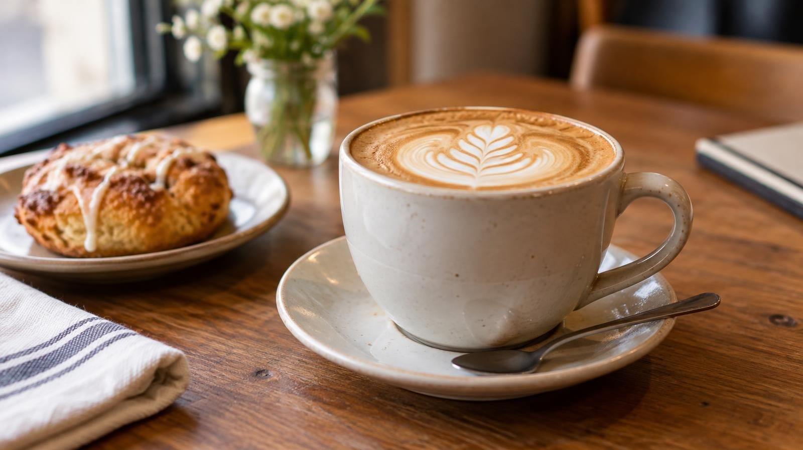 A ceramic latte cup with latte art on a saucer beside a small pastry.