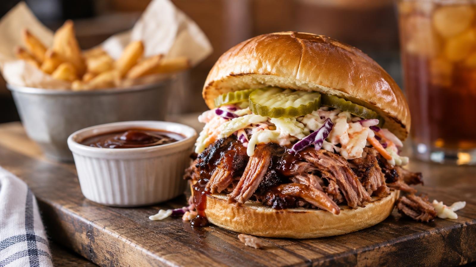 A pulled pork sandwich on a toasted bun with coleslaw and pickles on a wooden board.