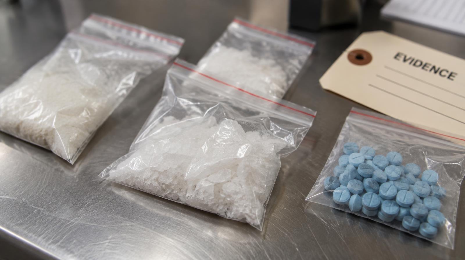 Sealed plastic evidence bags with white powder and pills on a steel surface.