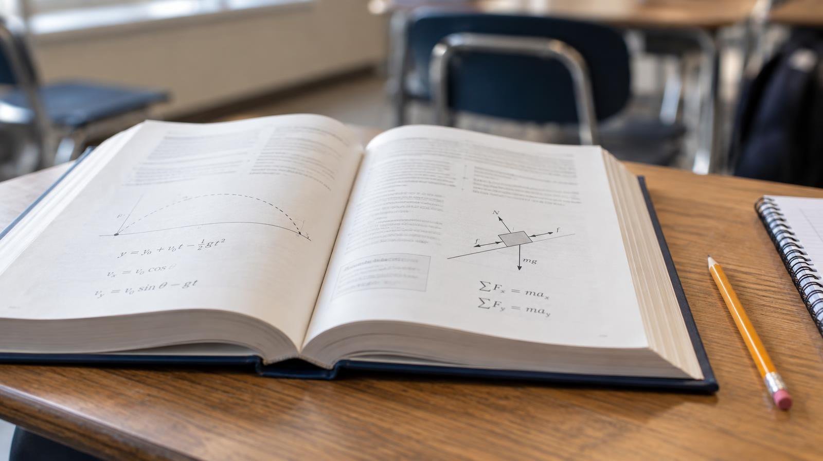 Open hardcover physics textbook on a wooden school desk beside a pencil.