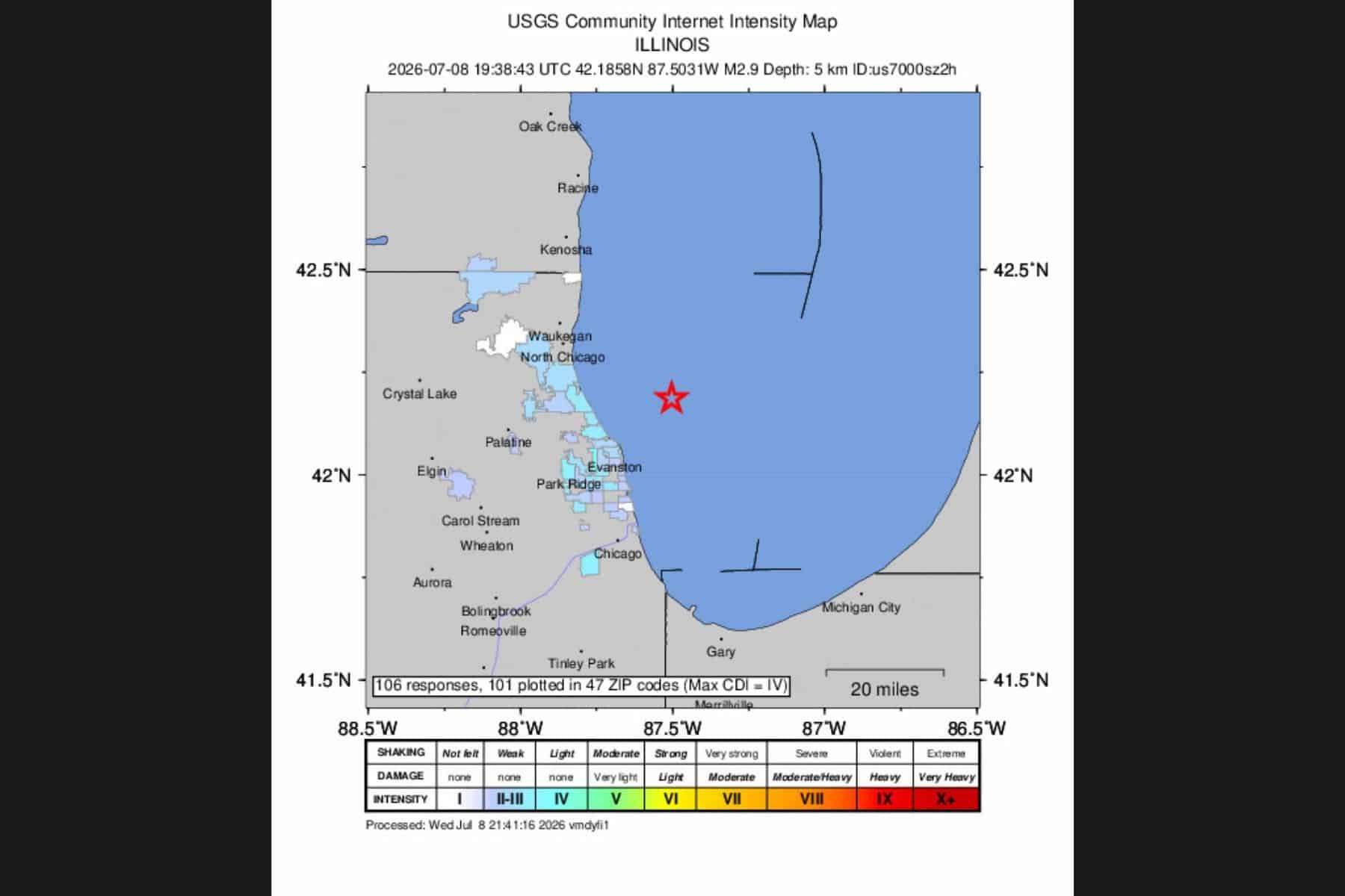 USGS intensity map showing earthquake epicenter marked with a red star in Lake Michigan east of Illinois.
